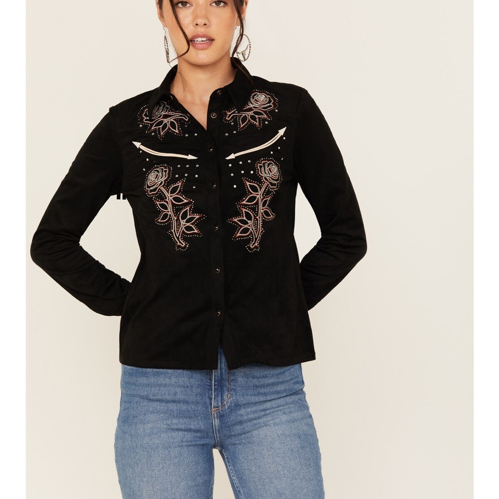 Nwot Idyllwild Black Floral Embroidered faux seude long sleeve western shirt